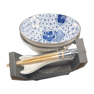 SH Home Ceramic Ramen Noodle Bowl Set of 2 Chopsticks & Spoon Blue White Floral